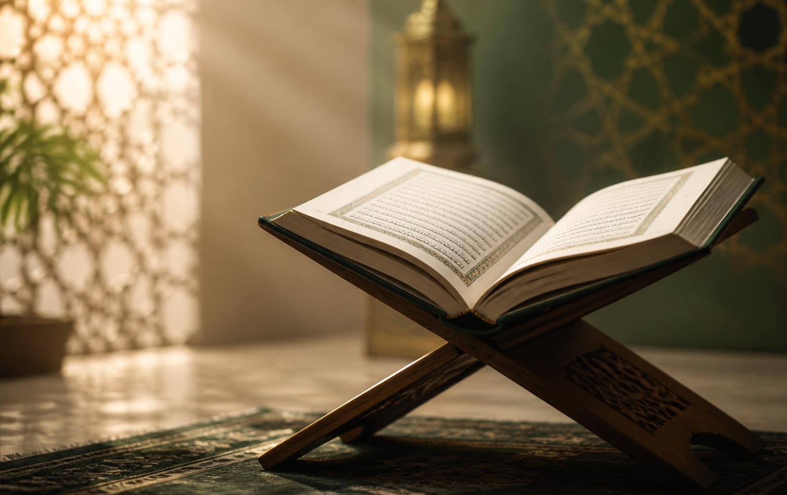 Open Quran on a wooden rehal illuminated by golden light